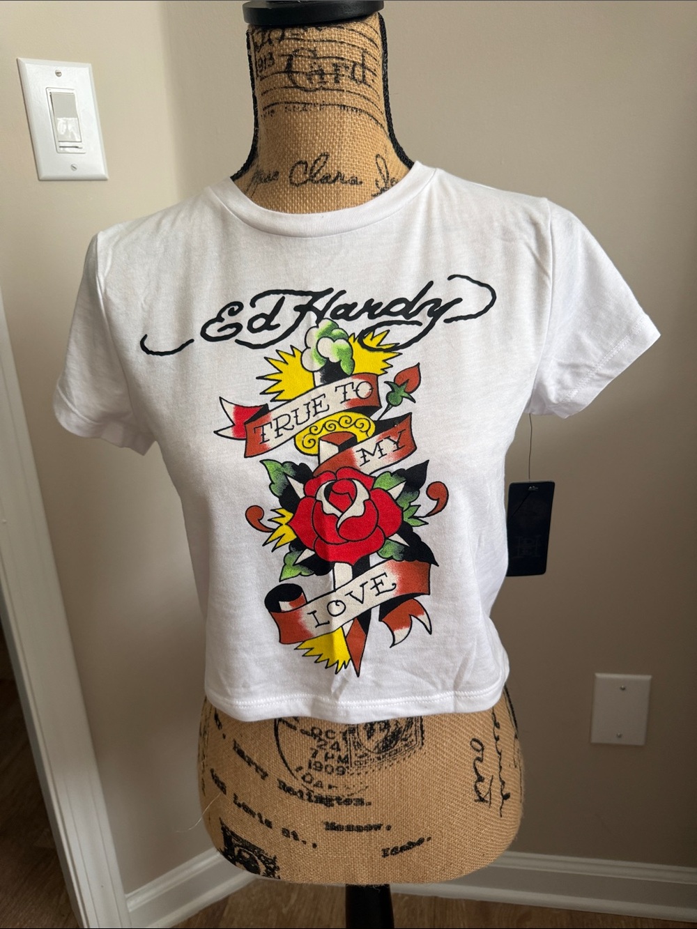 NWT Ed Hardy White Tee with Red Rose Tattoo Graphic